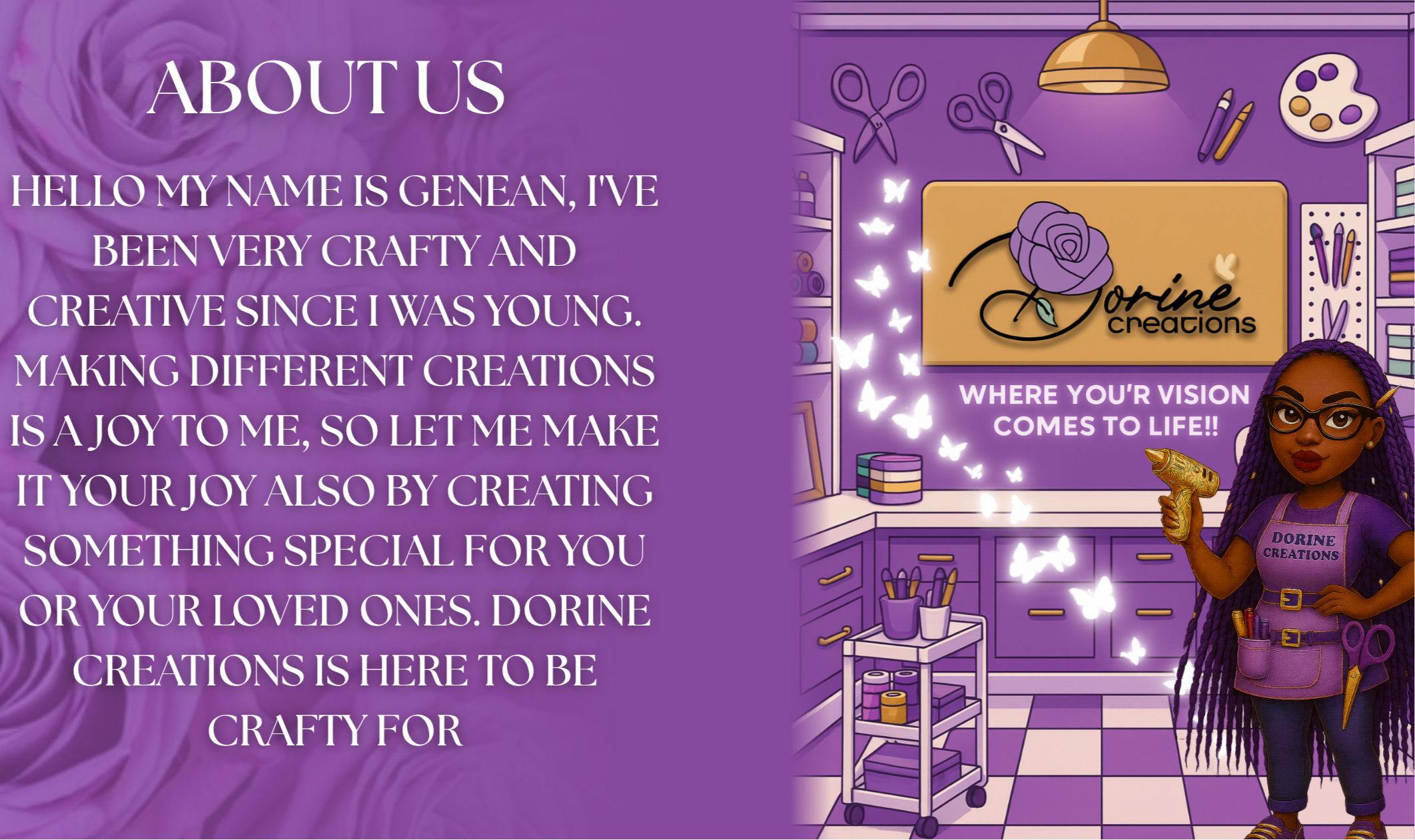 Purple background with text and illustration of a character and Dorne Creations logo.